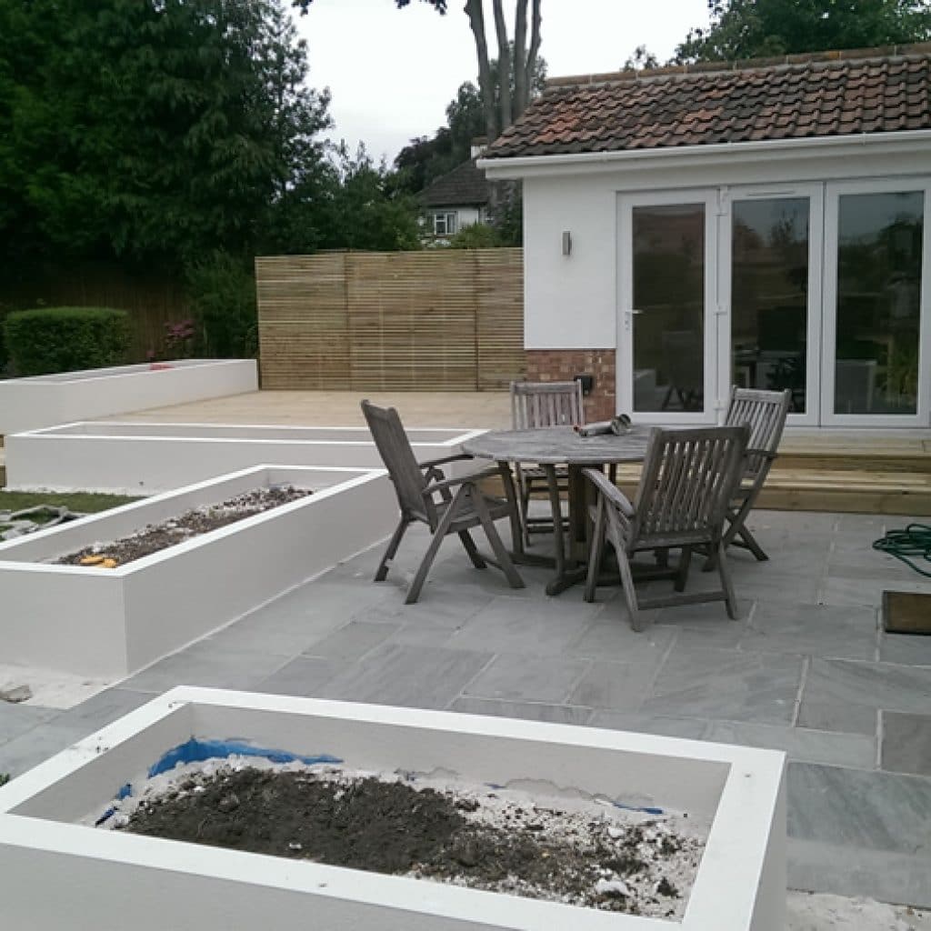 limestone patio with access from french doors