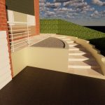 design for sloping front garden with retaining walls and curved steps