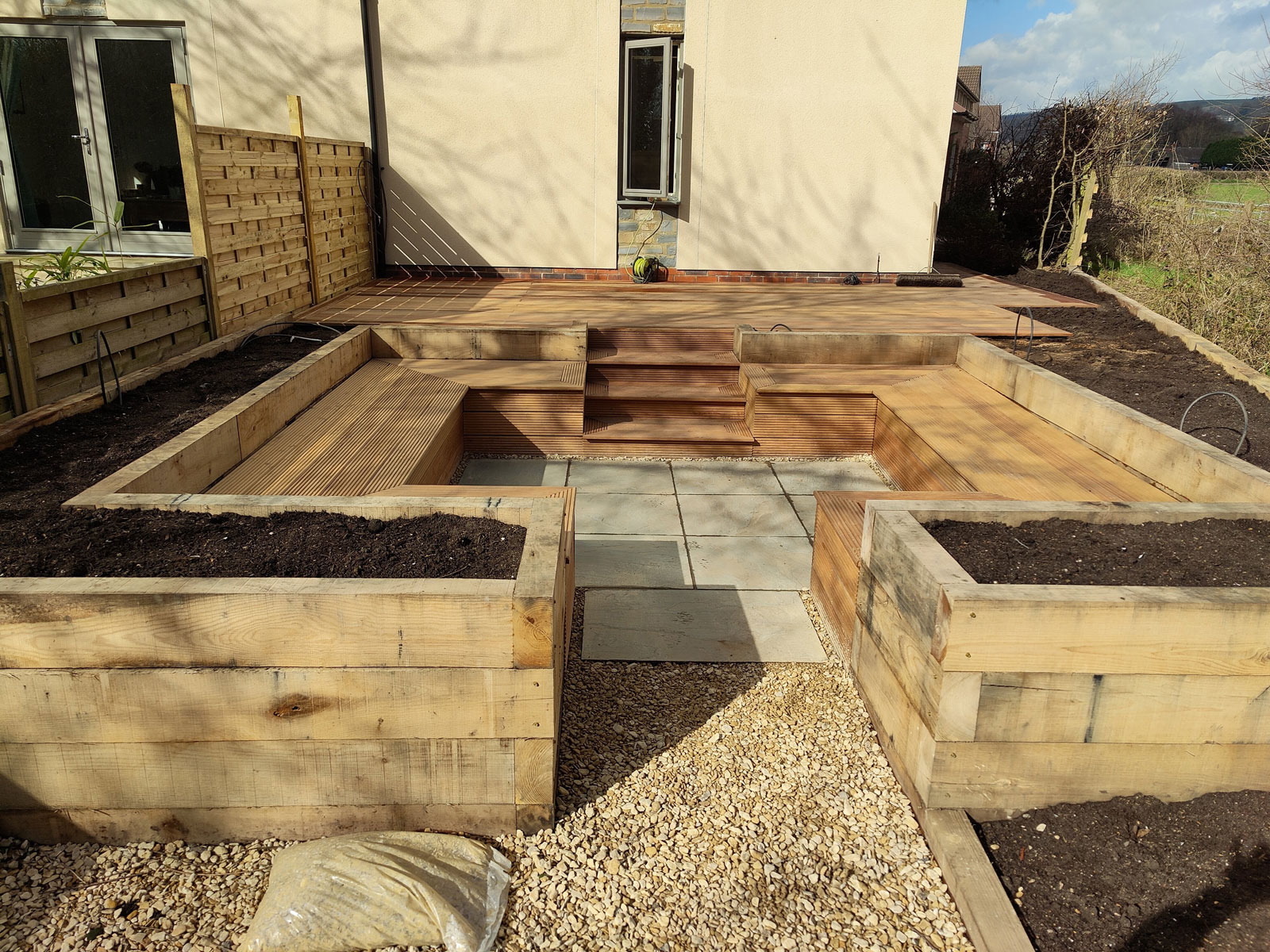 raised beds made with wooden sleepers surrounding a small patio