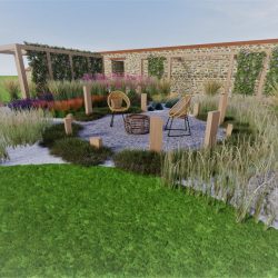 3d garden design showing circular patio surrounded by planting
