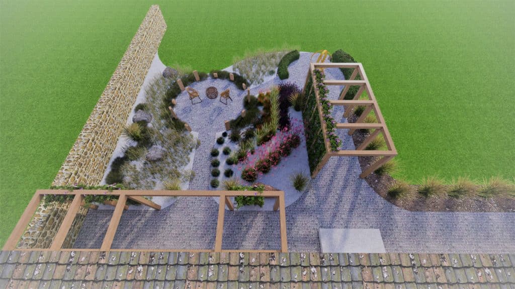 3D render of garden design viewed from upstairs window
