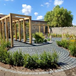 newly landscaped garden with timber pergolas forming walkways at 90 degrees to each other